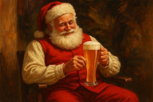 Santa Claus sitting in a chair, smiling and holding a glass of bee