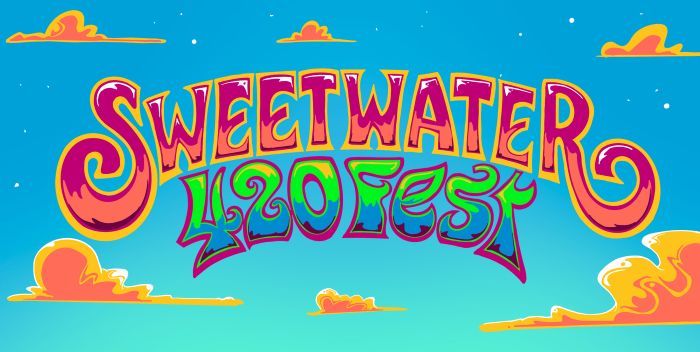 A brightly colored, stylized logo for the "SweetWater 420 Fest" centered against a blue sky background with orange and pink clouds.