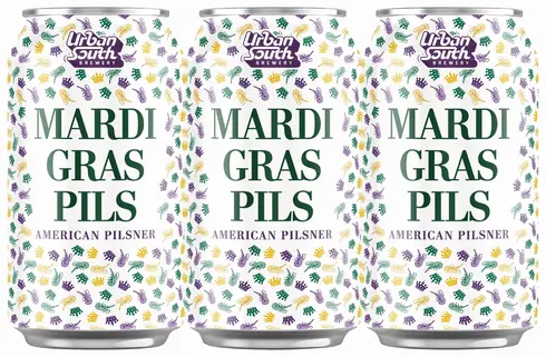 A set of three cans of Urban South Mardi Gras Pils American Pilsner bee