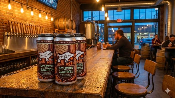 Interior of a bar showing beer cans on a wooden counter in the foreground and patrons seated at tables and the bar in the background