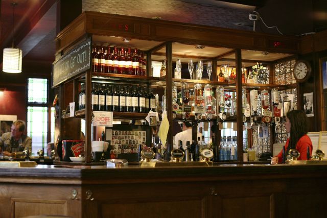 Low lighting at a British pub.