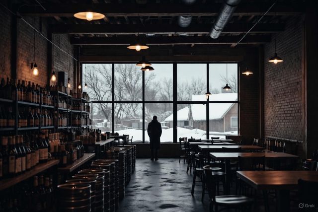 Interior of a dark and empty taproom with a person standing by a large window looking out at a snowy scene