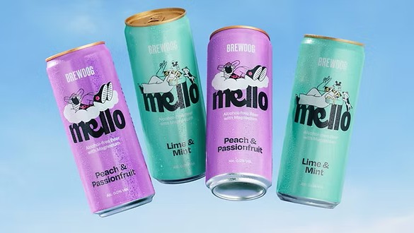 Four floating cans of BrewDog Mello drinks in Peach & Passionfruit and Lime & Mint flavors against a blue sk