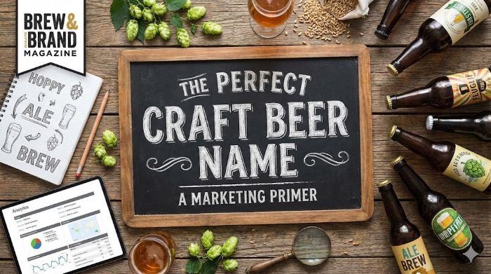 A flat lay photograph on a wooden table featuring items related to craft beer marketing and brewing. A central chalkboard reads "THE PERFECT CRAFT BEER NAME A MARKETING PRIMER".