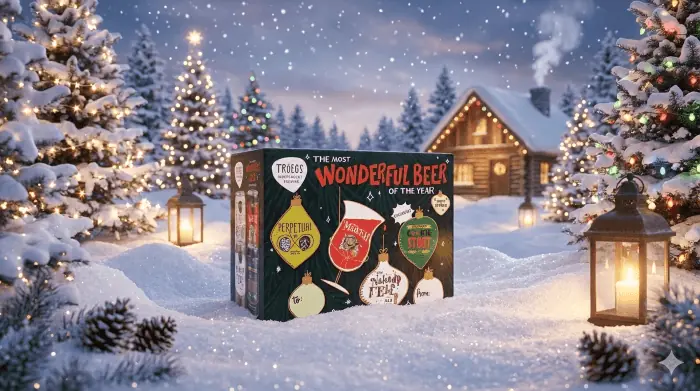 A festive, snowy winter scene featuring a decorated cabin, pine trees, and a large 'Troegs The Most Wonderful Beer of the Year' beer box designed with Christmas ornament graphics in the foreground.