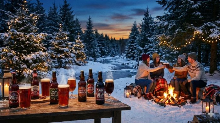 A snowy, outdoor winter scene at dusk featuring a group of people enjoying drinks around a campfire, and a wooden table in the foreground displaying several bottles and glasses of beer amidst string-lit pine trees