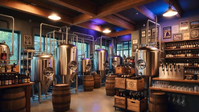 An indoor shot of a modern microbrewery featuring large stainless steel brewing tanks, wooden barrels, stacked crates of bottled beer, and a bar area with draft taps under warm, industrial lighting.