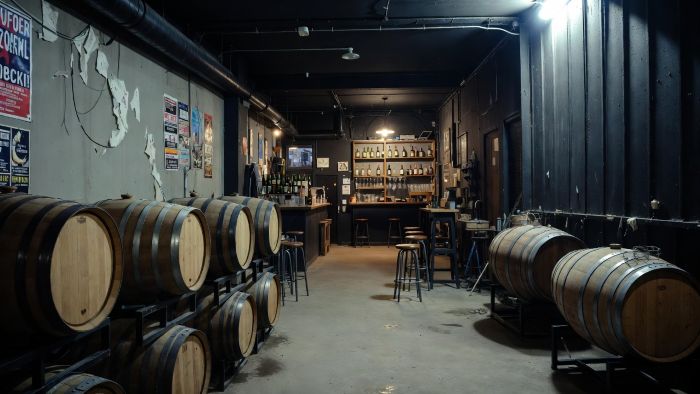A dimly lit brewery taproom with wooden beer barrels lining the walls and a bar in the background.