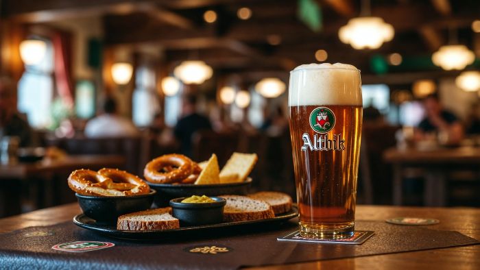 A glass of Altbier with a large foamy head sits on a wooden table next to a plate of snacks, including pretzels, bread slices, and mustard, in a dimly lit, rustic pub setting.