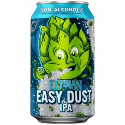 A can of Elysian Easy Dust Non-Alcoholic IPA, featuring an illustration of a hop with a cartoon face on a blue, starry background.