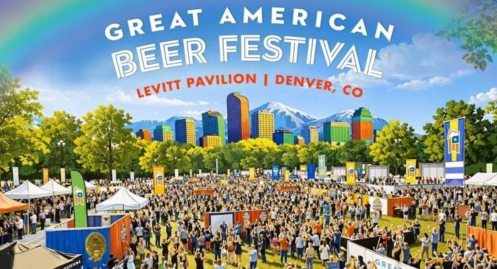 A vibrant illustration of a large, crowded outdoor beer festival at Levitt Pavilion in Denver, Colorado, featuring a city skyline and mountains in the background.