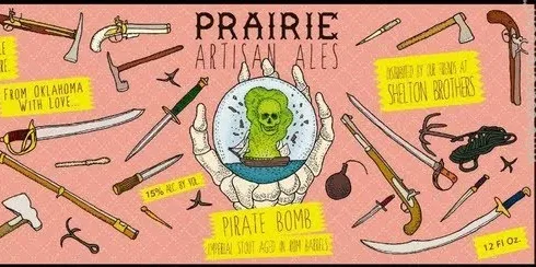 Prairie Artisan Ales – Pirate Bomb! Stout label with a green skull in a crystal ball, surrounded by various vintage weapons, all on a pink background.