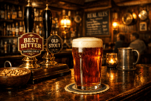 A pint of amber cask ale on a wooden bar counter in a cozy, dimly lit pub setting, with two beer pumps nearby labeled "Best Bitter" and "Old Stout”.