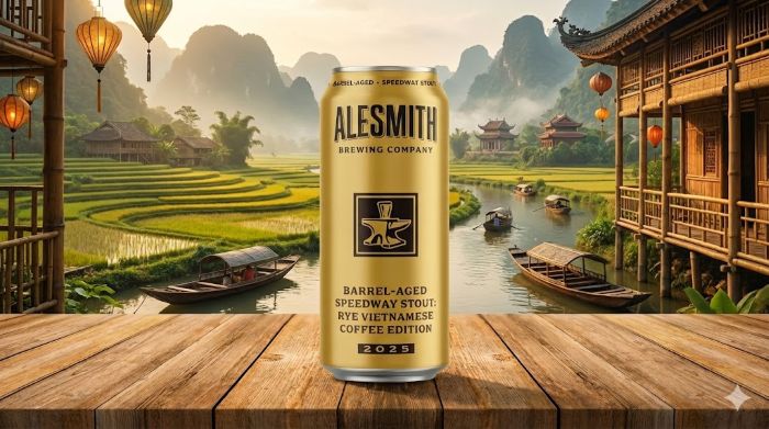 A gold can of AleSmith 2025 Barrel-Aged Speedway Stout: Rye Vietnamese Coffee Edition on a wooden table, set against a misty Vietnamese landscape of rice terraces, a river with boats, and traditional buildings.