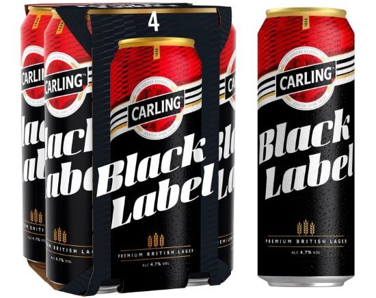 A 4-pack and a single tall can of Carling Black Label beer, featuring red, black, and white branding.