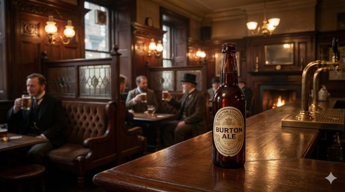 A vintage pub interior with people in period clothing, a prominent bottle labeled Burton Ale on the bar counter, and gas lamps.