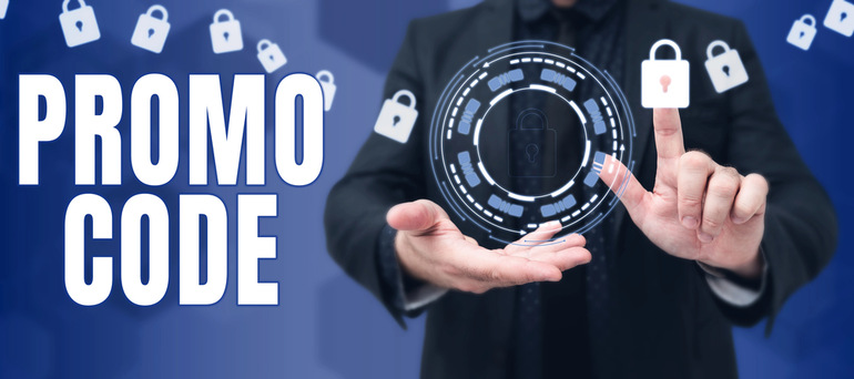 Promo code concept image with a businessman tapping a digital lock interface.