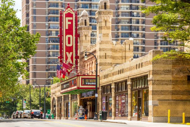 A vibrant, daytime shot of the historic Fox Theatre in Atlanta, Georgia