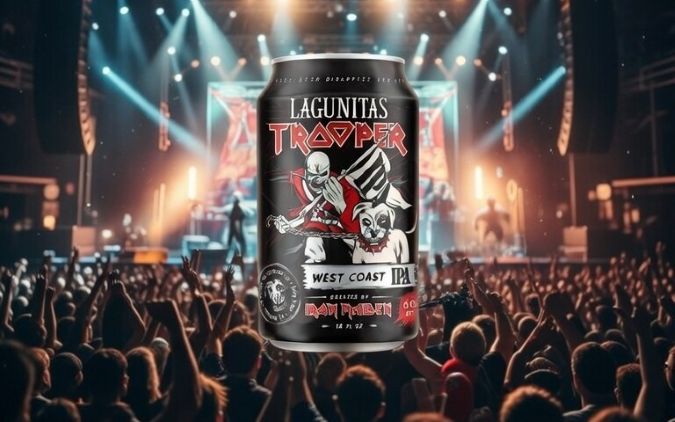 A can of Lagunitas Trooper West Coast IPA beer with Iron Maiden branding, featuring artwork of the band's mascot Eddie the Head, superimposed over a concert crowd and stage setup