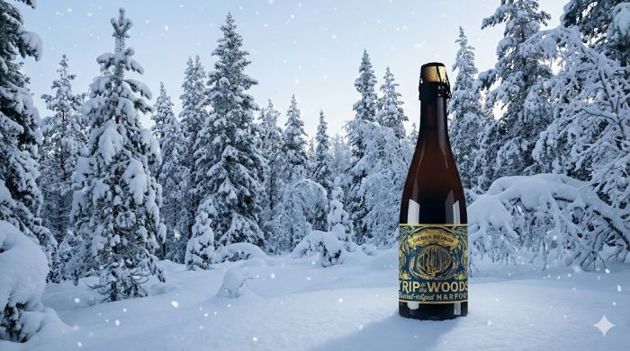 A bottle of Sierra Nevada Barrel-Aged Narfoot ale stands in a snow-covered forest of pine trees.