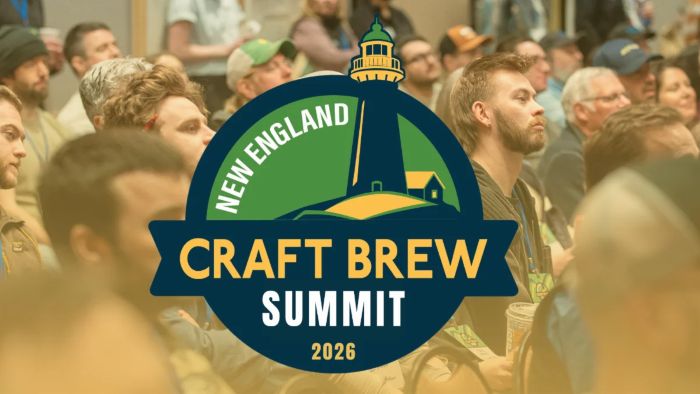 A circular logo for the New England Craft Brew Summit 2026 is superimposed over a blurred audience.