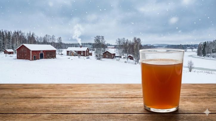 Glass of sahti farmhouse ale on table against wintry Finnish farmland back drop. 