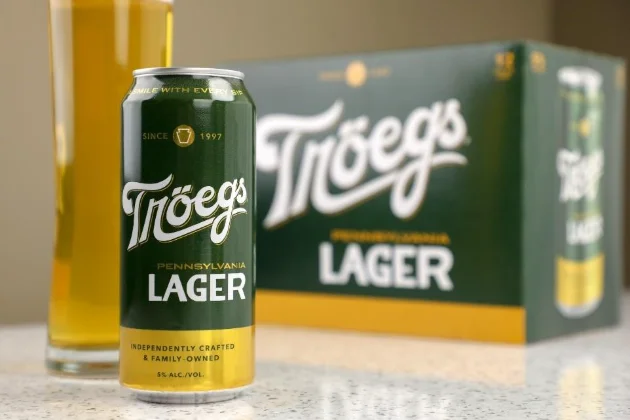 A can of Tröegs Pennsylvania Lager stands in the foreground, next to a full glass, with its multi-pack box blurred behind it.