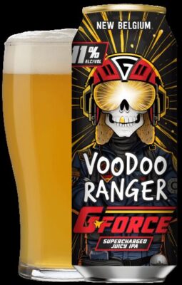 A 19oz can of New Belgium "Voodoo Ranger G-Force Supercharged Juicy IPA" next to a full glass of the golden-hazed beer on black background.