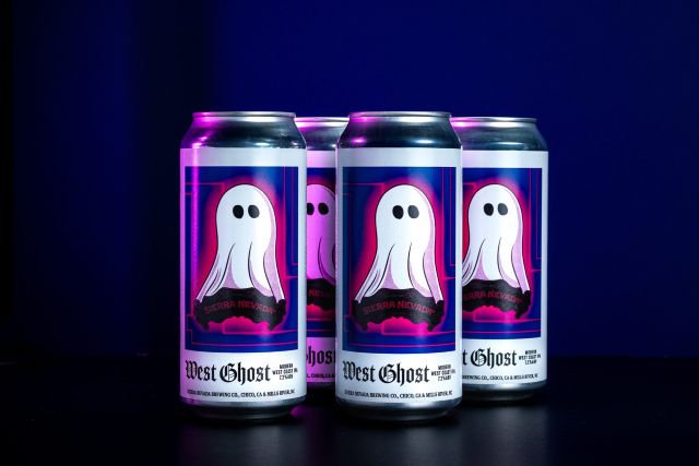 Several cans of Sierra Nevada West Ghost Modern West Coast IPA beer with a ghost illustration on the label