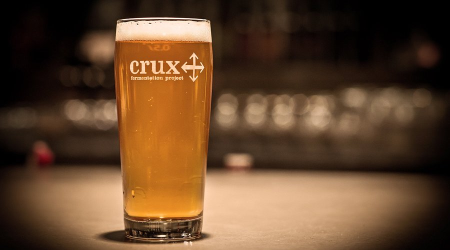 A glass of beer with the Crux Fermentation Project logo on it, sitting on a bar top