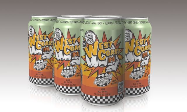 A 6-pack of Ska Brewing West Coast IPA 12oz cans, featuring vibrant comic-book style graphics of a skeleton hand punch against an orange and green background.