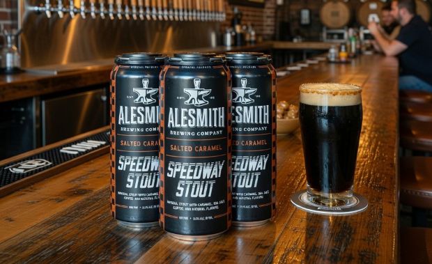Three 16oz cans and a glass of AleSmith Speedway Salted Caramel Stout rest on a wooden bar top in a taproom setting,