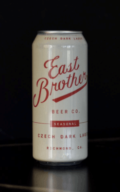 Can of East Brother Czech Dark Lager against dark backgound,