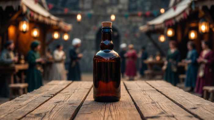 A brown glass bottle of gruit ale sits on a rustic wooden table in the foreground of a blurred medieval-style outdoor marketplace.