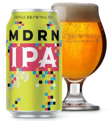 A lime-green can of Odell Brewing Co. MDRN IPA with colorful pixel art next to a full tulip glass of golden beer.