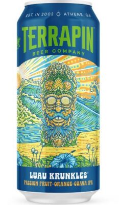 A 12 oz. blue can of Terrapin Beer Co. Luau Krunkles IPA, featuring vibrant, tiki-themed artwork of a character's face made of hops and fruit against a tropical beach and sunburst background.