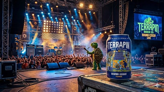 A close-up of a Terrapin Sound Czech pilsner can sitting on a stage equipment case, with a cartoon turtle playing guitar for a crowd in the background.