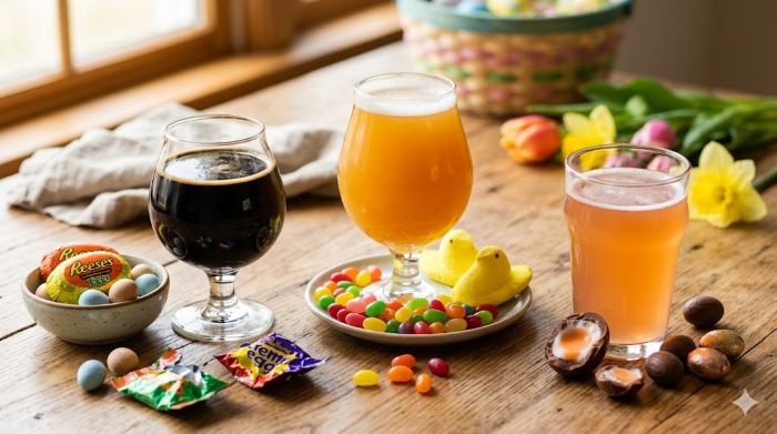 Three glasses of different craft beers—a dark stout, a golden ale, and a pinkish wheat beer—are arranged on a wooden table alongside various Easter candies like jelly beans, Peeps, and chocolate eggs.