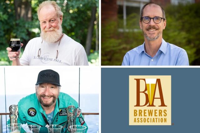 A four-paneled collage featuring three individual portraits of the 2026 Brewers Association Industry Award Recipients along with a Brewers Association logo in the fourth box
