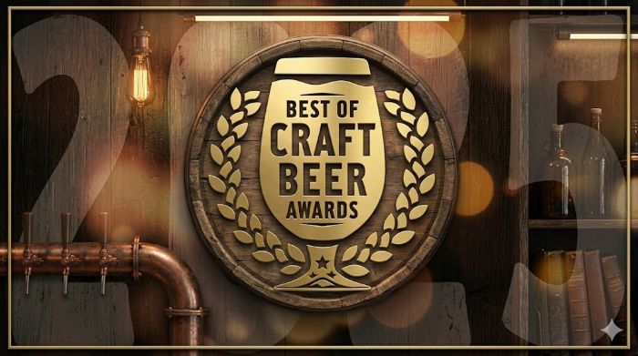 A logo for the "Best of Craft Beer Awards" centered on a wooden barrel lid, flanked by a copper beer tap and shelves with bottles and books.