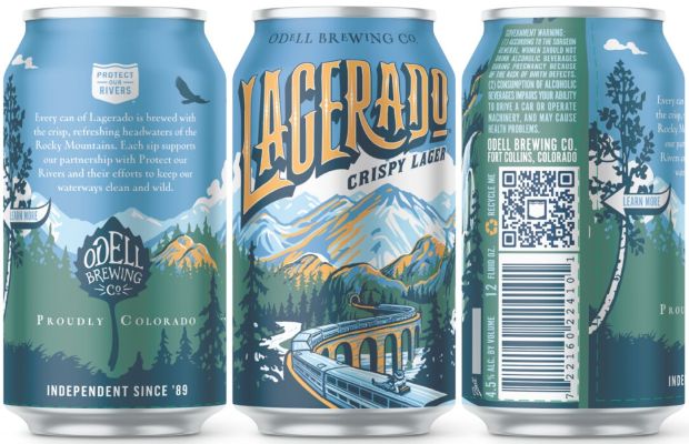 Three cans of Odell Brewing Co. Lagerado "Crispy Lager" are shown side-by-side, displaying different parts of the wraparound label. The artwork features a scenic Colorado mountain landscape with a winding train, evergreen trees, and a flying bird, all in a blue, gold, and green color palette.