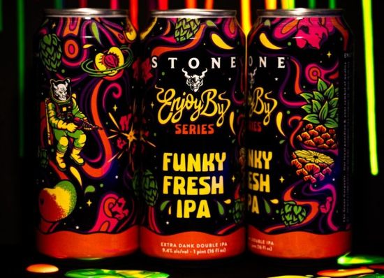 Three cans of Stone Enjoy By "Funky Fresh" IPA featuring vibrant, psychedelic label art with neon swirls, an astronaut, and tropical fruit illustrations against a dark background.