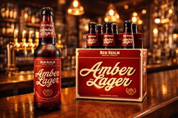 A cold bottle and a six-pack of New Realm Brewing Company Amber Lager sit on a dark wooden bar in a warmly lit, blurred pub setting