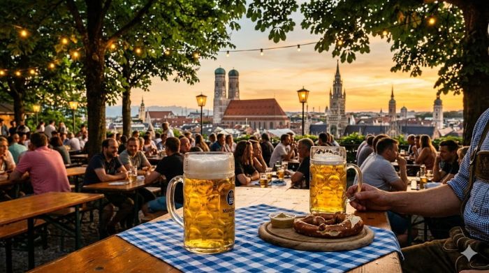 A vibrant beer garden at sunset in Munich, Germany, with large mugs of beer and a pretzel on a blue checkered tablecloth in the foreground. People sit at long wooden tables under trees, with the iconic Frauenkirche and city skyline visible in the background.