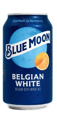 A single aluminum can of Blue Moon Belgian White wheat ale covered in water droplets against a white background.