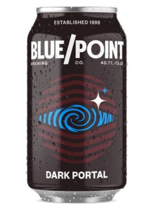 A single aluminum can of Blue Point Brewing Co. Dark Portal beer, featuring a black background covered in condensation droplets and an abstract circular graphic of red stripes and a blue vortex.