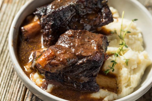 Beer-braised beef short ribs cooked.