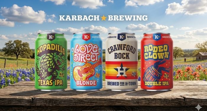 Four Karbach Brewing beer cans—Hopadillo, Love Street, Crawford Bock, and Rodeo Clown—stand on a rustic wooden table in a sunny Texas bluebonnet field.