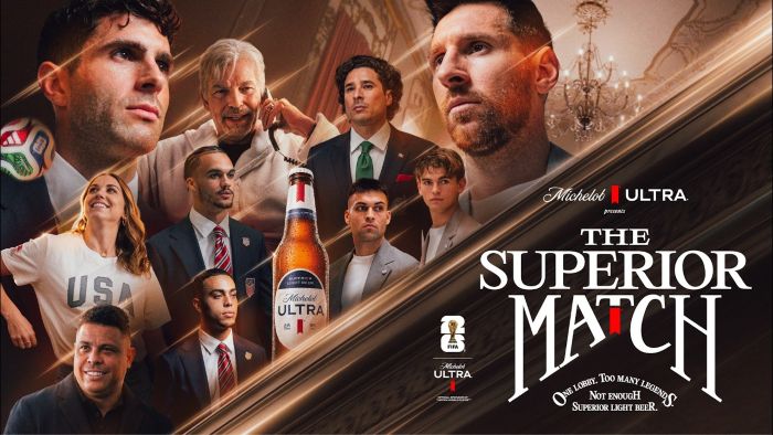 A promotional movie-style poster titled "The Superior Match" presented by Michelob Ultra, featuring Actor Billy Bob Thorton and prominent soccer stars Lionel Messi, Christian Pulisic, and Ronaldo Nazário alongside other players, gathered around a central bottle of beer.