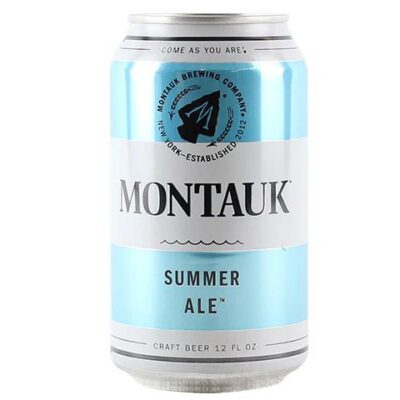 Montauk Summer Ale craft beer 12 fl oz can, featuring light blue and white stripes with the Montauk Brewing Company arrowhead logo.